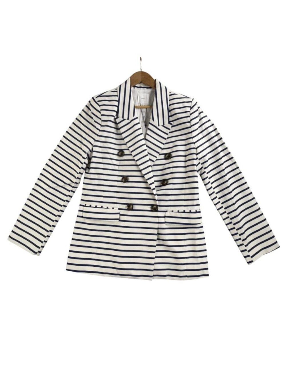 A Loves A Blazer Jacket Womens Medium Blue White Striped Linen Double Breasted
